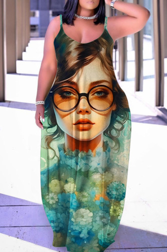Cyan Green Sexy Casual Print Backless Spaghetti Strap Long Dress Dresses