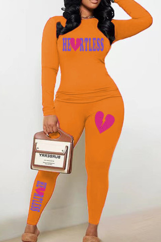 Orange Casual Print Patchwork O Neck Long Sleeve Two Pieces
