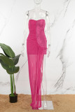 Розово-красное сексуальное вечернее платье в стиле пэчворк с блестками и открытой спиной без бретелек.