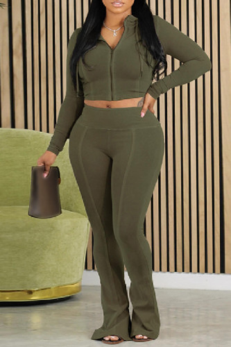 Green Casual Solid Patchwork Zipper Collar Long Sleeve Two Pieces