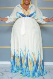 Vestidos de talla grande con estampado informal, cuello en V, plisado, manga larga, color albaricoque