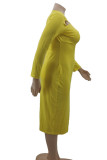 Robe longue jaune sexy, couleur unie, ajourée, patchwork, col en V, robes de grande taille