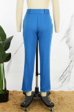 Pantalones casuales de color liso con cinturón regular de cintura alta color liso casual azul