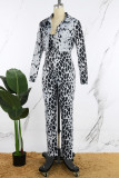 Cinza casual estampa leopardo patchwork gola aberta manga comprida duas peças