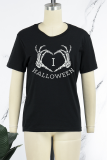 Zwarte casual basis-print schedel patchwork letter O-hals T-shirts