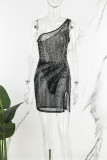 黒のセクシーなパッチワークホット掘削バックレススリット斜め襟ノースリーブドレスドレス