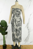 Grijze straatprint patchwork zak met hoge opening rits strapless bedrukte jurk Jurken