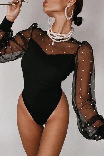 Black Sexy Casual Patchwork See-through Beading O Neck Skinny Romper