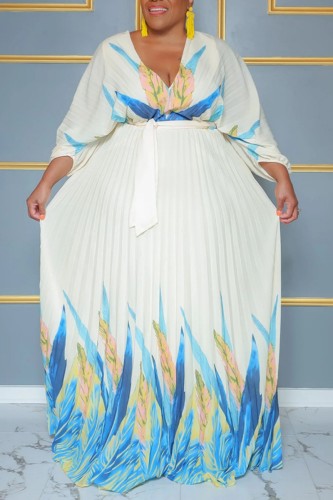 Apricot Casual Print Pleated V Neck Long Sleeve Plus Size Dresses