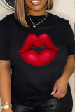 Camisetas con cuello en O de patchwork estampado de labios casuales negros