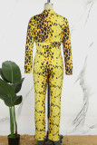 Dos piezas con estampado casual de leopardo y cuello vuelto manga larga dos piezas amarillo