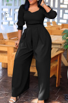 Zwarte elegante effen patchwork asymmetrische kraag losse jumpsuits