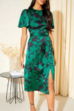 Grünes Kleid mit lässigem Patchwork-Print und O-Ausschnitt