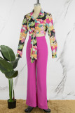 Rose Red Elegant Floral Tropical Print Bandage Patchwork V Neck Long Sleeve Two Pieces Front Tie Crop Blouse Tops And Pants Sets