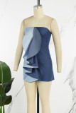 ブルー セクシー カジュアル パッチワーク バックレス コントラスト ストラップレス ラップ スカート ドレス