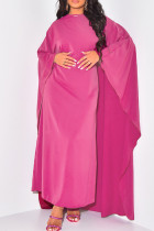 Розово-красное повседневное однотонное базовое длинное платье с круглым вырезом Платья