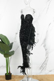 Schwarze sexy Patchwork-Kleider mit ausgehöhltem Frenulum, rückenfrei, trägerlos, unregelmäßig