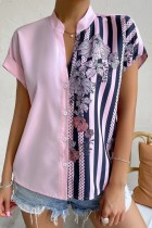 Blusas de patchwork com estampa casual rosa e decote em V