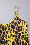 Estampado casual retales de leopardo cuello vuelto manga larga dos piezas azul