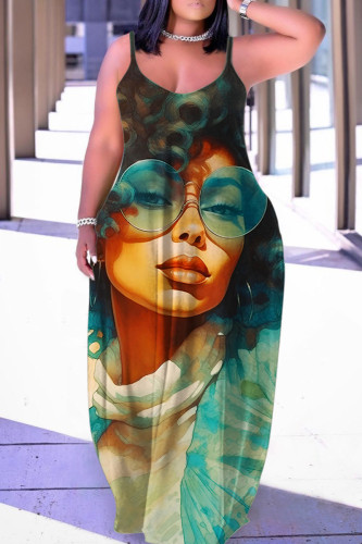 Dark Green Sexy Casual Print Backless Spaghetti Strap Long Dress Dresses