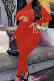 Rode sexy effen uitgeholde patchwork lange jurk met v-hals en grote maten jurken