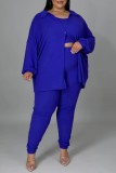 Blue Casual Solid Basic O Neck Plus Size Three Piece Set