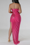 Rose Red Sexy Formal Patchwork Sequins Patchwork Backless Strapless Evening Dress Dresses