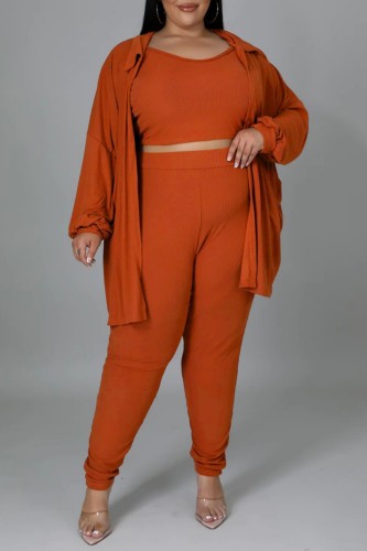 Oranje Casual Solid Basic O-hals Grote maat driedelige set