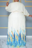 White Casual Print Pleated V Neck Long Sleeve Plus Size Dresses