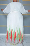 ホワイト カジュアル プリント プリーツ V ネック 長袖 プラス サイズ ドレス