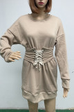 Khaki Elegant Solid Patchwork Cross Straps O Neck Long Sleeve Dresses