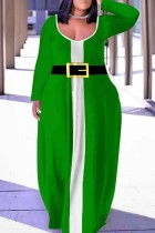 Green Casual Print Basic V Neck Long Dress Dresses