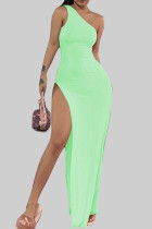 Hellgrünes, lässiges, einfarbiges Patchwork-Kleid mit hoher Öffnung und einer Schulter