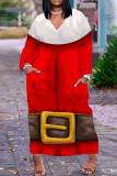 Vestido longo preto vermelho casual estampado Papai Noel patchwork com decote em V