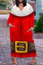 Vestido longo vermelho escuro com estampa casual Papai Noel patchwork com decote em V