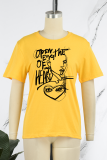 T-shirts décontractés jaunes à imprimé patchwork à col rond