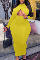 Yellow Sexy Solid Hollowed Out Patchwork V Neck Long Dress Plus Size Dresses