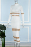 Branco casual sólido patchwork transparente meia gola alta vestidos de manga comprida