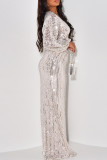 クリームホワイトのエレガントなソリッドスパンコールパッチワークVネックロングドレスドレス