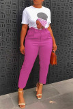 Patchwork solido casual viola chiaro con cintura Pantaloni convenzionali a tinta unita convenzionali a vita alta