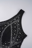 Schwarze sexy Patchwork-Kleider mit heißem Bohren, rückenfrei, Schlitz, schrägem Kragen, ärmellos