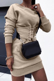 Khaki Elegant Solid Patchwork Cross Straps O Neck Long Sleeve Dresses
