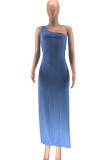 Небесно-голубое повседневное однотонное лоскутное длинное платье с высоким открытием на одно плечо Платья