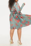 Silver Black Casual Print Patchwork V Neck Pleated Plus Size Dresses