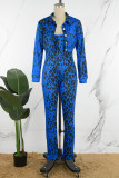 Blu stampa casual leopardo patchwork colletto con risvolto manica lunga due pezzi
