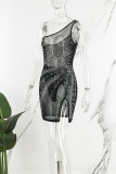 Zwart sexy patchwork heet boren rugloze split schuine kraag mouwloze jurk jurken