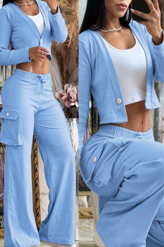 Sky Blue Casual Street Solid Patchwork Buttons V Neck Long Sleeve Two Pieces