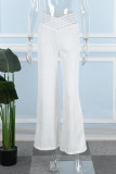 Calça branca casual sólida patchwork regular de cintura alta convencional de cor sólida
