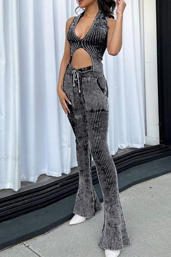 Black Sexy Solid Patchwork Draw String Pocket V Neck Sleeveless Two Pieces