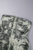 Robe imprimée sans bretelles avec poche en patchwork et fermeture éclair à ouverture haute grise
